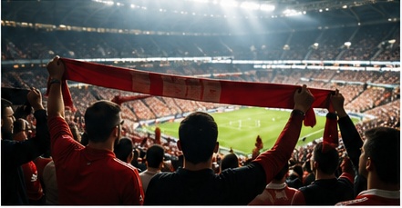 Supporters holding a scarf inside a football stadium